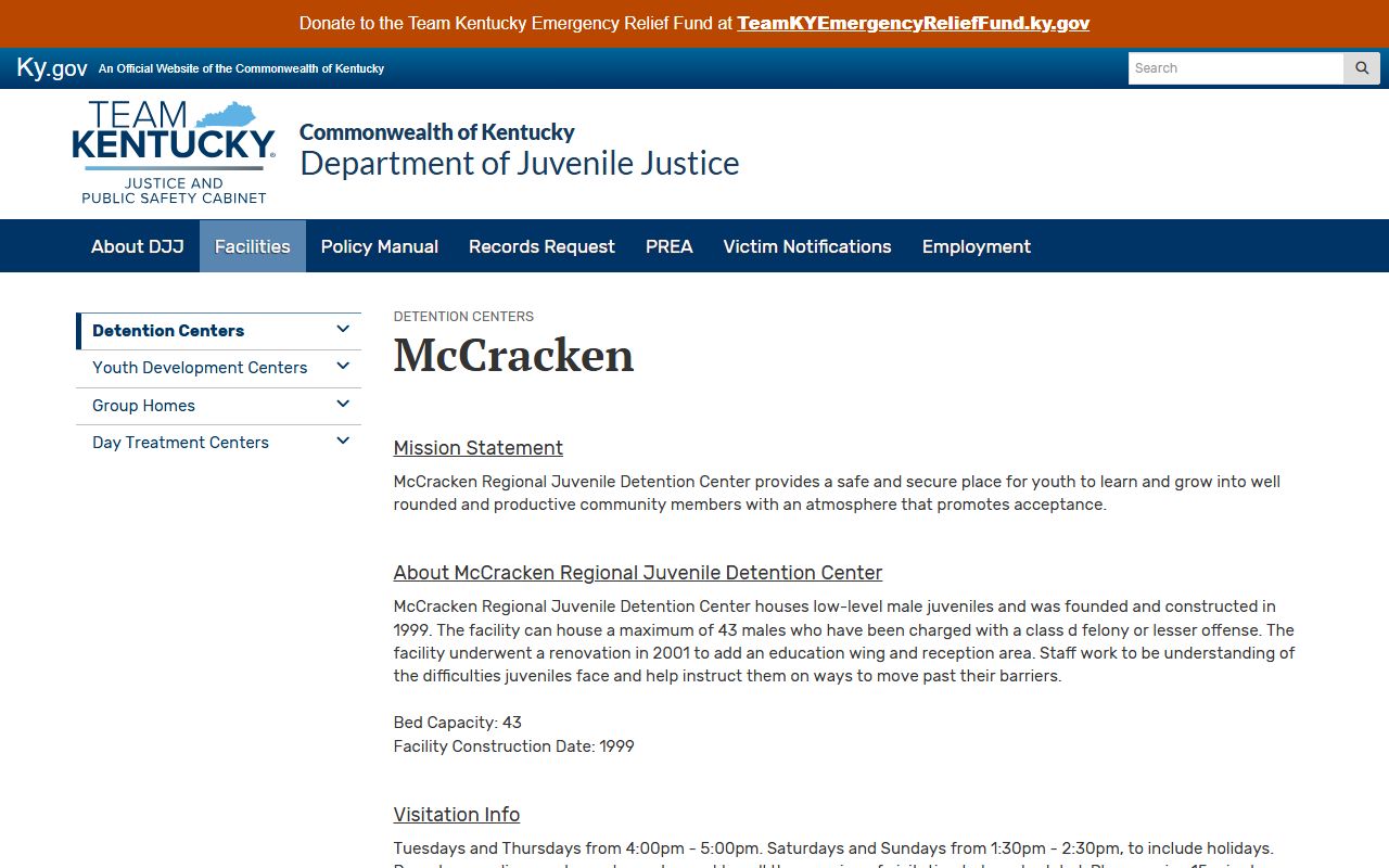 Kentucky DJJ profile for McCracken Regional Juvenile Detention Center