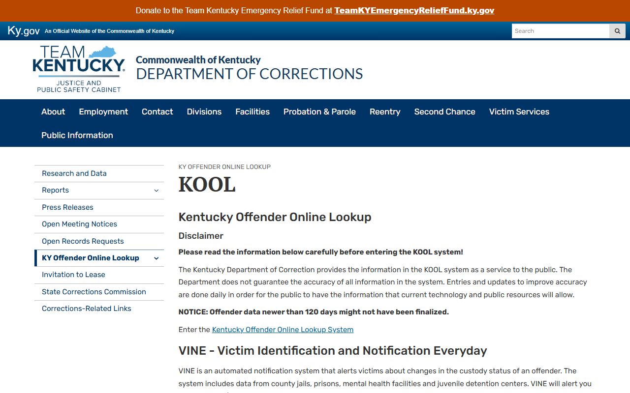 Kentucky KOOL information for McCracken County inmate population searches